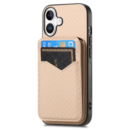 For iPhone 16 Carbon Fiber MagSafe Vertical Flip Card Bag Phone Case(Khaki) - iPhone 16 Cases by buy2fix | Online Shopping UK | buy2fix