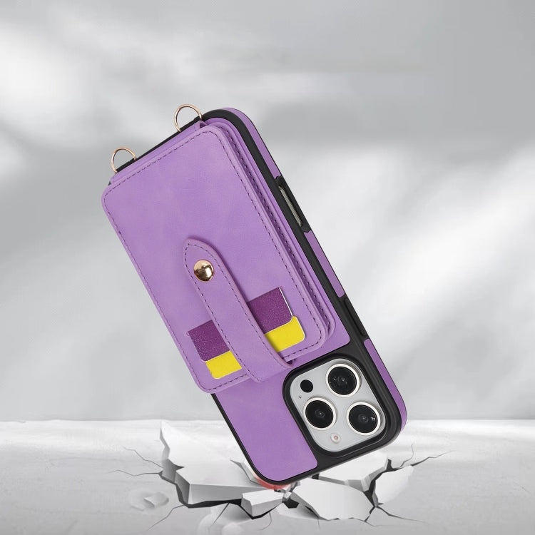 For iPhone 16 Pro Crossbody Skin Card Bag Lanyard Phone Case(Purple) - iPhone 16 Pro Cases by buy2fix | Online Shopping UK | buy2fix