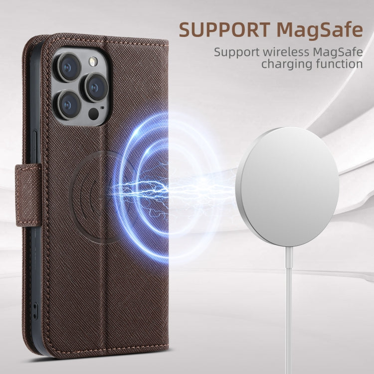 For iPhone 16 Suteni J08 Multifunctional Cross Texture MagSafe Leather Phone Case(Brown) - iPhone 16 Cases by Suteni | Online Shopping UK | buy2fix