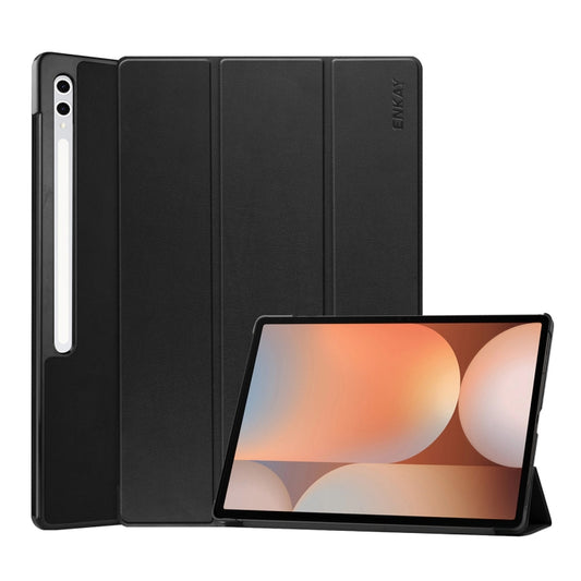 For Samsung Galaxy Tab S10 Ultra / S9 Ultra ENKAY Tri-fold Custer Texture Plastic Leather Smart Tablet Case with Pen Slot(Black) - Galaxy Tab S9 Ultra Cases by ENKAY | Online Shopping UK | buy2fix