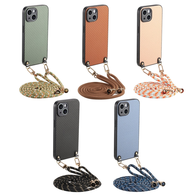 For iPhone 16 Carbon Fiber Texture Leather Back Phone Case with Crossbody Strap(Khaki) - iPhone 16 Cases by buy2fix | Online Shopping UK | buy2fix