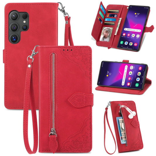 For Samsung Galaxy S25 Ultra 5G Embossed Flower Zipper Leather Phone Case(Red) - Galaxy S25 Ultra 5G Cases by buy2fix | Online Shopping UK | buy2fix