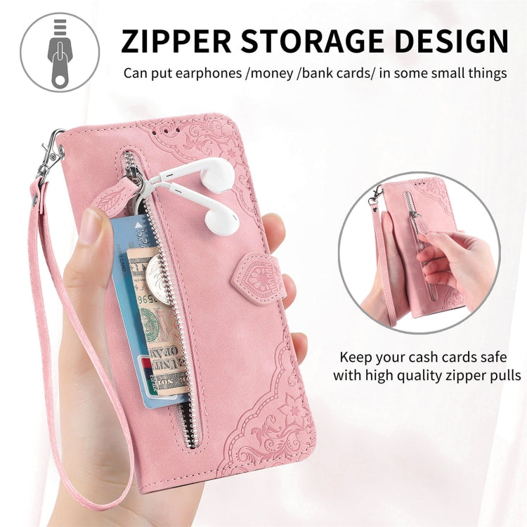 For Samsung Galaxy S25 Ultra 5G Embossed Flower Zipper Leather Phone Case(Pink) - Galaxy S25 Ultra 5G Cases by buy2fix | Online Shopping UK | buy2fix