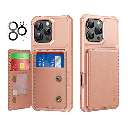 For iPhone 16 Pro ENKAY Hat-Prince Card Slot Wallet TPU Back Leather Phone Case with Lens Film(Rose Gold) - iPhone 16 Pro Max Cases by ENKAY | Online Shopping UK | buy2fix