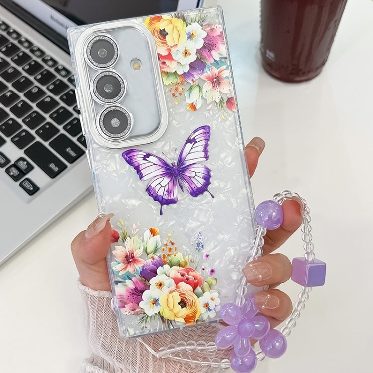 For Samsung Galaxy S25 5G Plating Texture Butterfly Wristband TPU Phone Case with Glitter Lens Film(Flowers Butterflies HU1) - Galaxy S25 5G Cases by buy2fix | Online Shopping UK | buy2fix