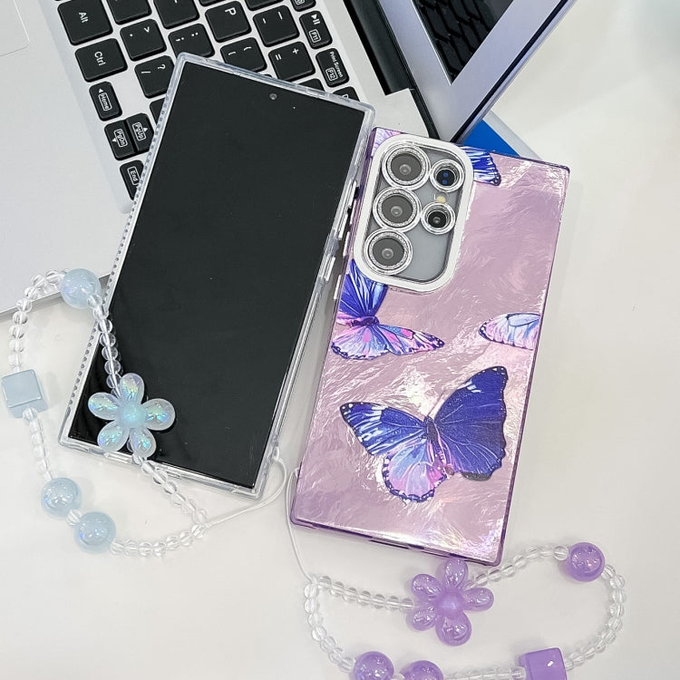 For Samsung Galaxy S25 5G Plating Texture Butterfly Wristband TPU Phone Case with Glitter Lens Film(Daisy Butterflies HU2) - Galaxy S25 5G Cases by buy2fix | Online Shopping UK | buy2fix