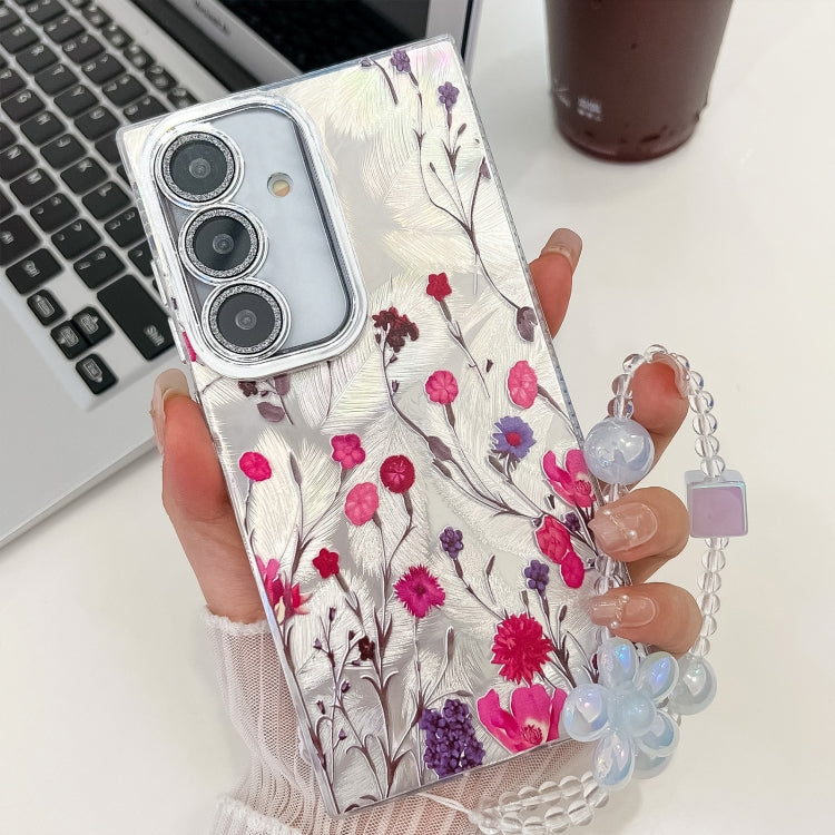 For Samsung Galaxy S25 5G Electroplating Flowers Plants Texture Wristband TPU Phone Case(Carnation FL7) - Galaxy S25 5G Cases by buy2fix | Online Shopping UK | buy2fix