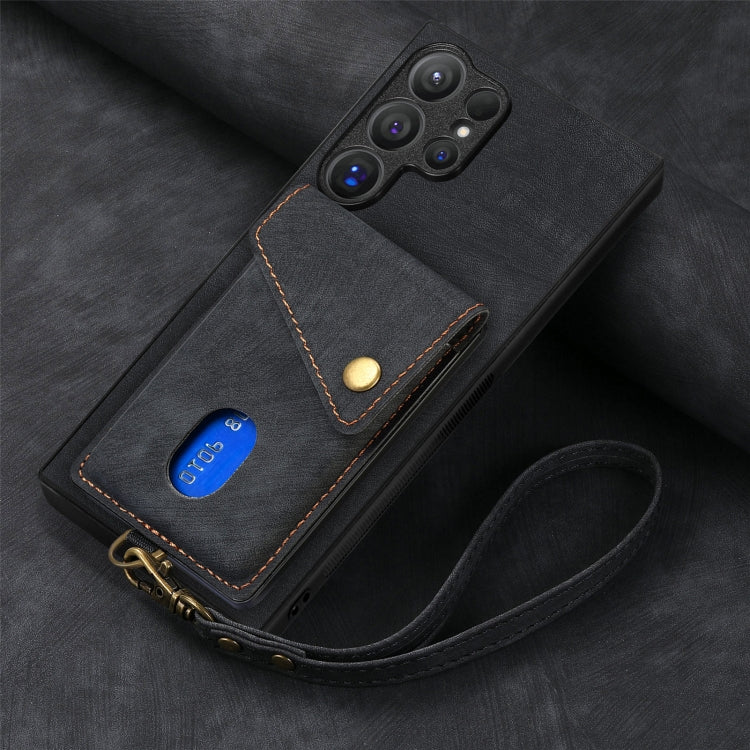 For Samsung Galaxy S25 Ultra 5G Retro Card Wallet Fold Leather Phone Case with Strap(Black) - Galaxy S25 Ultra 5G Cases by buy2fix | Online Shopping UK | buy2fix