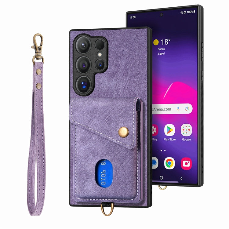 For Samsung Galaxy S25 Ultra 5G Retro Card Wallet Fold Leather Phone Case with Strap(Purple) - Galaxy S25 Ultra 5G Cases by buy2fix | Online Shopping UK | buy2fix