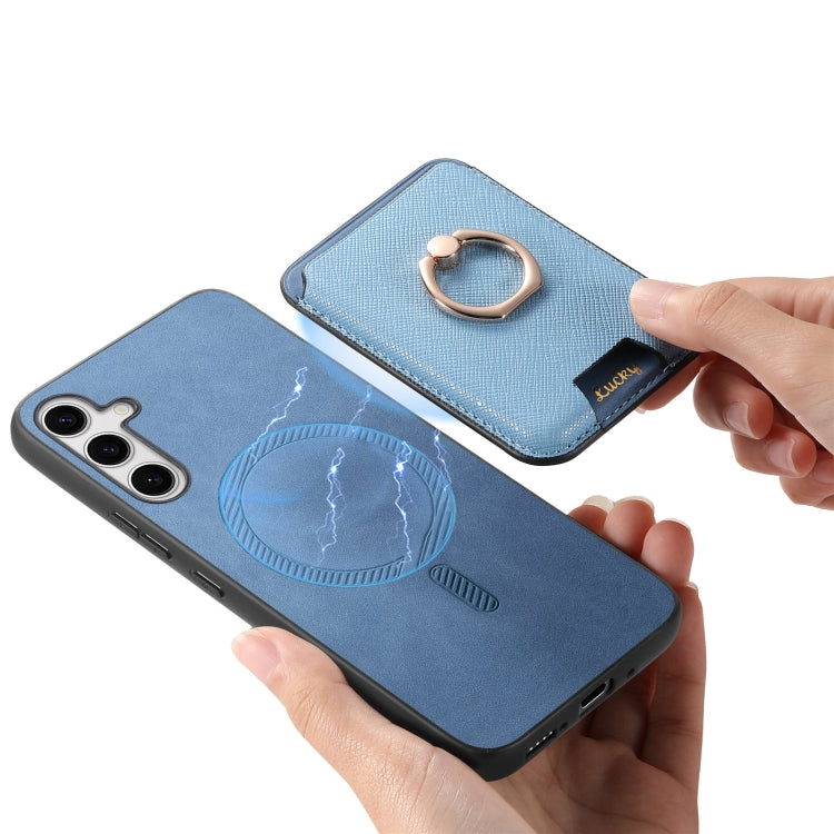 For Samsung Galaxy S25 5G Retro Cross Leather Ring Vertical Insert Card Bag MagSafe Phone Case(Blue) - Galaxy S25 5G Cases by buy2fix | Online Shopping UK | buy2fix