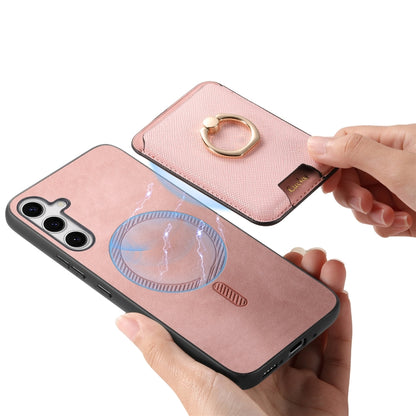 For Samsung Galaxy S25 5G Retro Cross Leather Ring Vertical Insert Card Bag MagSafe Phone Case(Pink) - Galaxy S25 5G Cases by buy2fix | Online Shopping UK | buy2fix