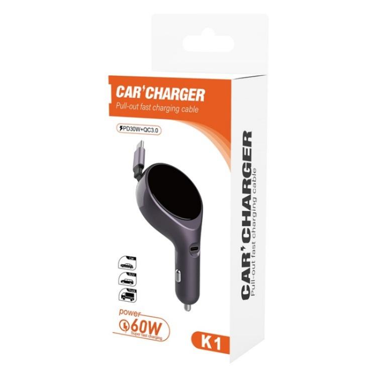 K1 With Retractable Cable Car Charger Type-C PD 20W Fast Charging Adapter - Car Charger by buy2fix | Online Shopping UK | buy2fix