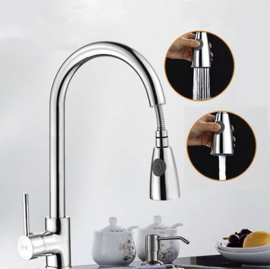 Kitchen Pull-out Faucet Hot And Cold Home 304 Stainless Steel Retractable Rotating Faucet, Style:Plating 304 - Faucets & Accessories by buy2fix | Online Shopping UK | buy2fix