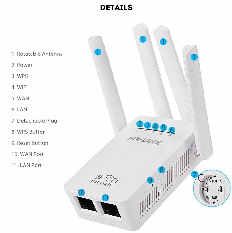 PIX-LINK LV-WR09 300Mbps WiFi Range Extender Repeater Mini Router(EU Plug) - Wireless Routers by buy2fix | Online Shopping UK | buy2fix