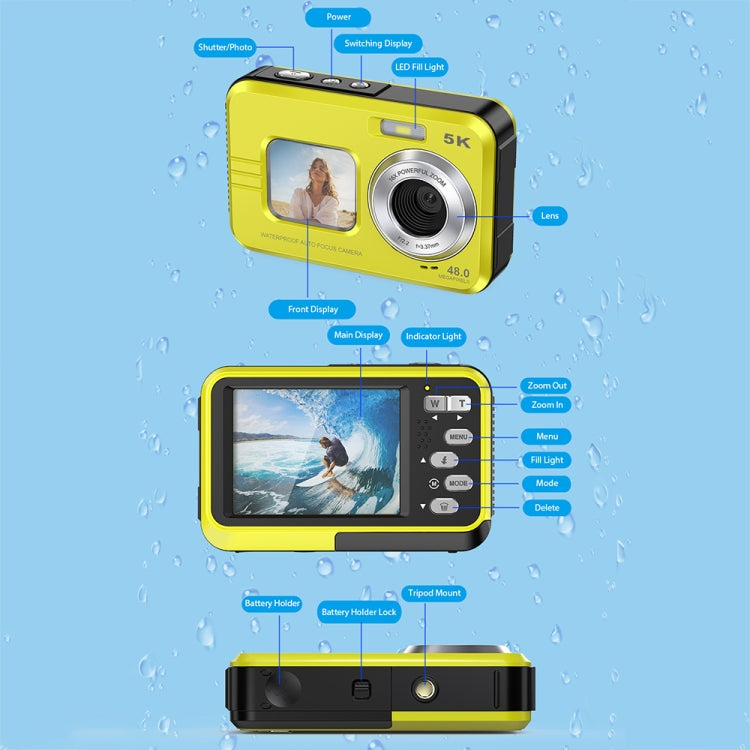 WDC901 3.5m Waterproof 48MP HD Dual Screen Outdoor Sports Digital Camera AU Plug(Yellow) - Children Cameras by buy2fix | Online Shopping UK | buy2fix