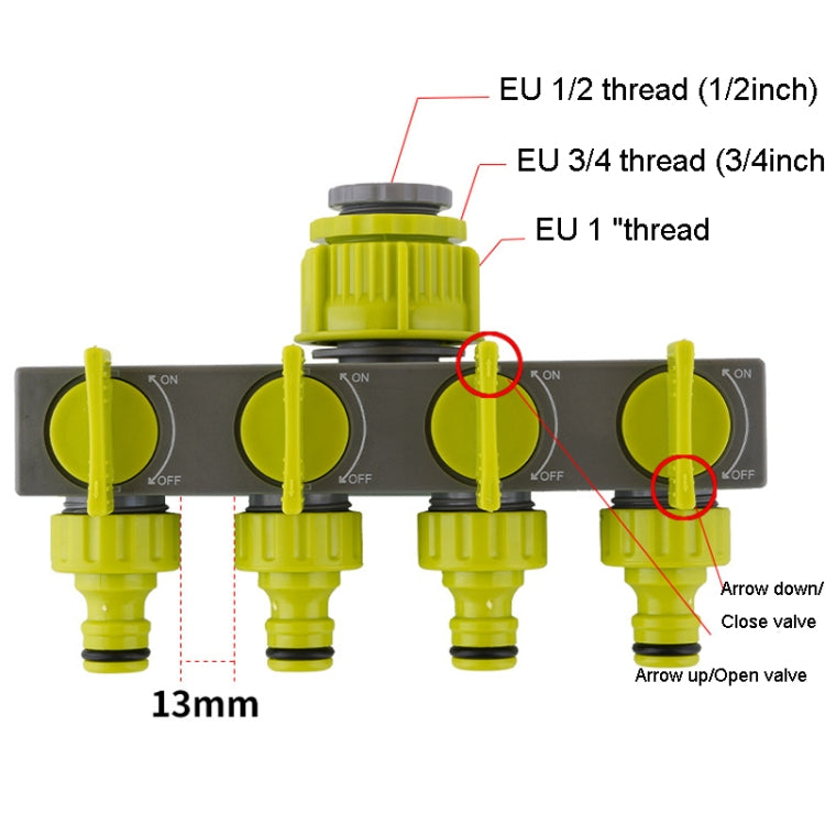 Garden Lawn Watering EU Threaded Faucet One Input Four Output Valve Diverter(Green And Gray) - Watering & Irrigation by buy2fix | Online Shopping UK | buy2fix