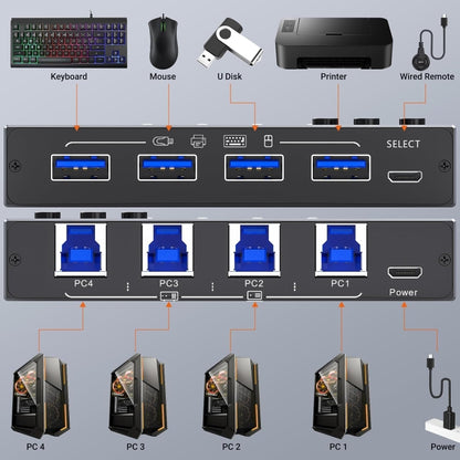 KC-KM434B USB3.0 4 Port USB Shared Device 4 Port Printer Sharing Device Keyboard Mouse Switch - Switch by buy2fix | Online Shopping UK | buy2fix