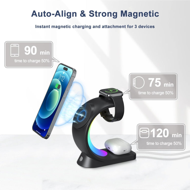 T17 3-in-1 RGB Atmosphere Light MagSafe Phone Watch Earphone Wireless Charger, Color: Black no Plug - Wireless Charger by buy2fix | Online Shopping UK | buy2fix