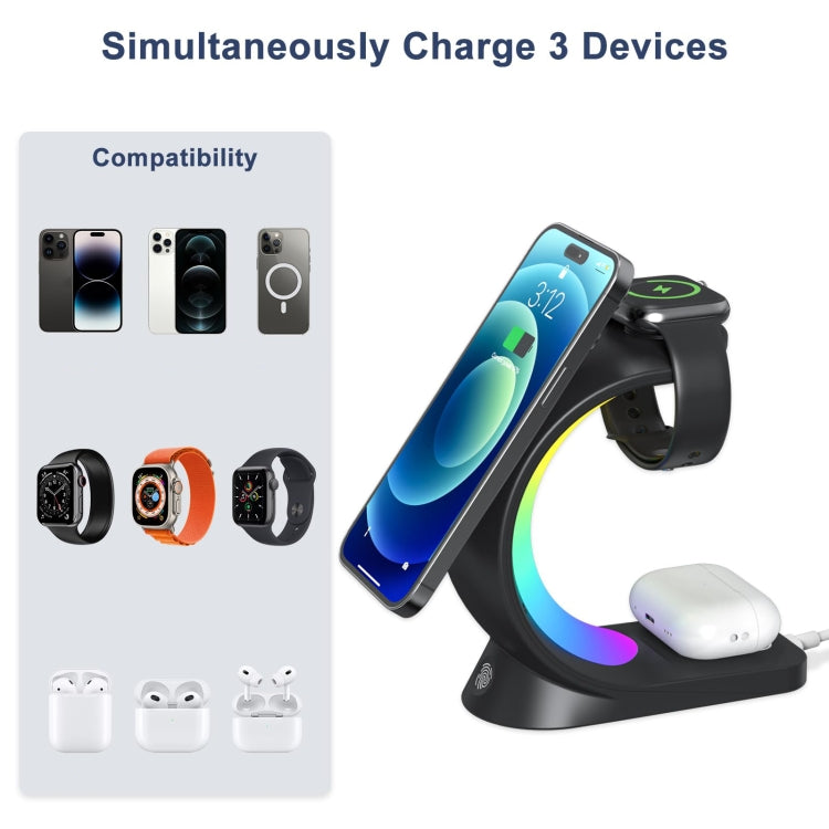 T17 3-in-1 RGB Atmosphere Light MagSafe Phone Watch Earphone Wireless Charger, Color: Black with EU Plug - Wireless Charger by buy2fix | Online Shopping UK | buy2fix