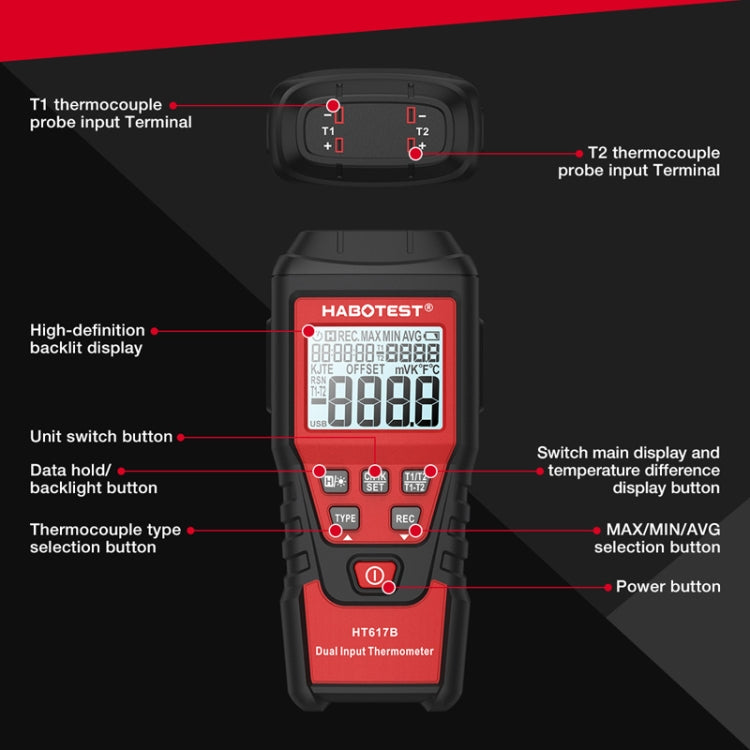 HABOTEST HT617B Digital Dual Channel Thermocouple Thermometer(Black Red) - Thermostat & Thermometer by HABOTEST | Online Shopping UK | buy2fix