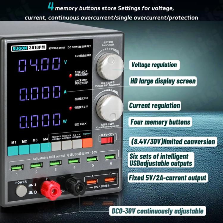 SUGON 3010PM 150W 30V 10A 4 Digital Display Cell Phone Repair Power Meter US Plug - Power Supply by SUGON | Online Shopping UK | buy2fix