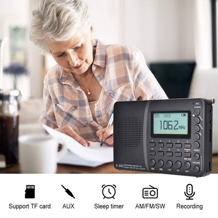 K-603 Portable FM / AM / SW Full Band Stereo Radio, Support BT & TF Card (Black) - Consumer Electronics by buy2fix | Online Shopping UK | buy2fix