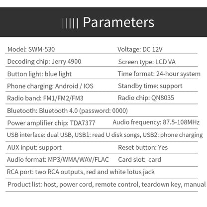 SWM-530 12V Universal Car Dual USB Charger Radio Receiver MP3 Player, Support FM & Bluetooth with Remote Control - Car MP3 & MP4 & MP5 by buy2fix | Online Shopping UK | buy2fix