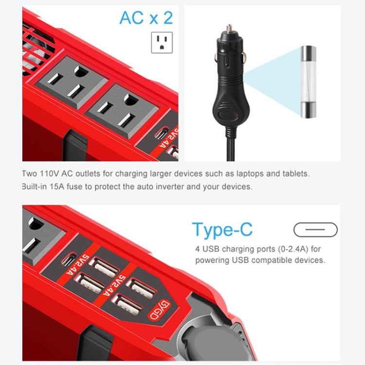 12V to 110V 200W Car Correction Sine Wave Inverter, US Plug - In Car by buy2fix | Online Shopping UK | buy2fix