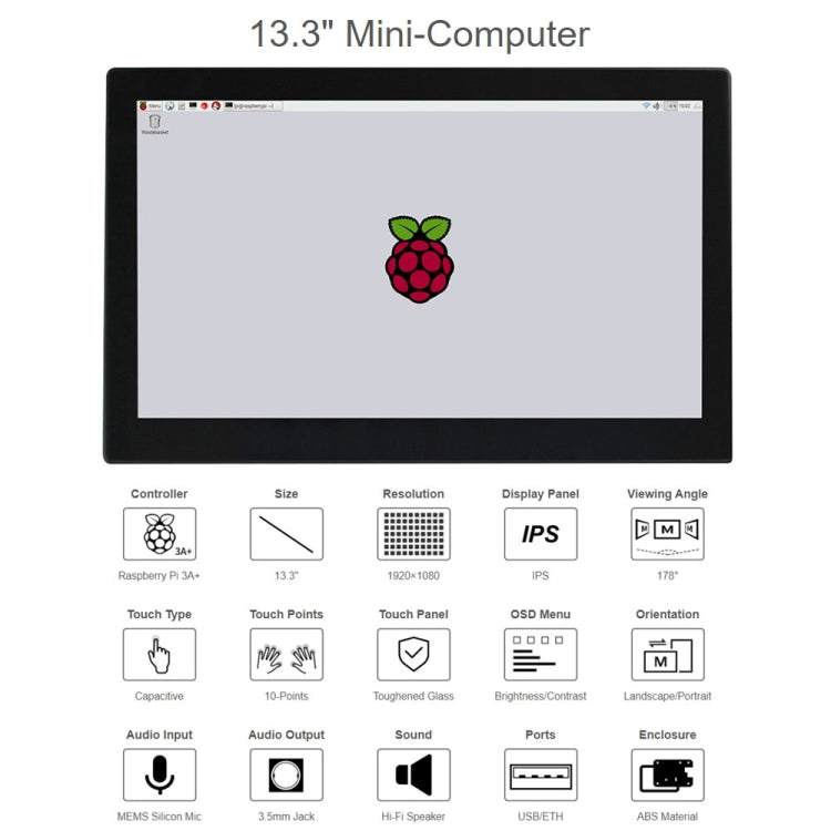 Waveshare 13.3 inch Mini-Computer Powered by Raspberry Pi 3A+, HD Touch Screen(US Plug) - Modules Expansions Accessories by WAVESHARE | Online Shopping UK | buy2fix