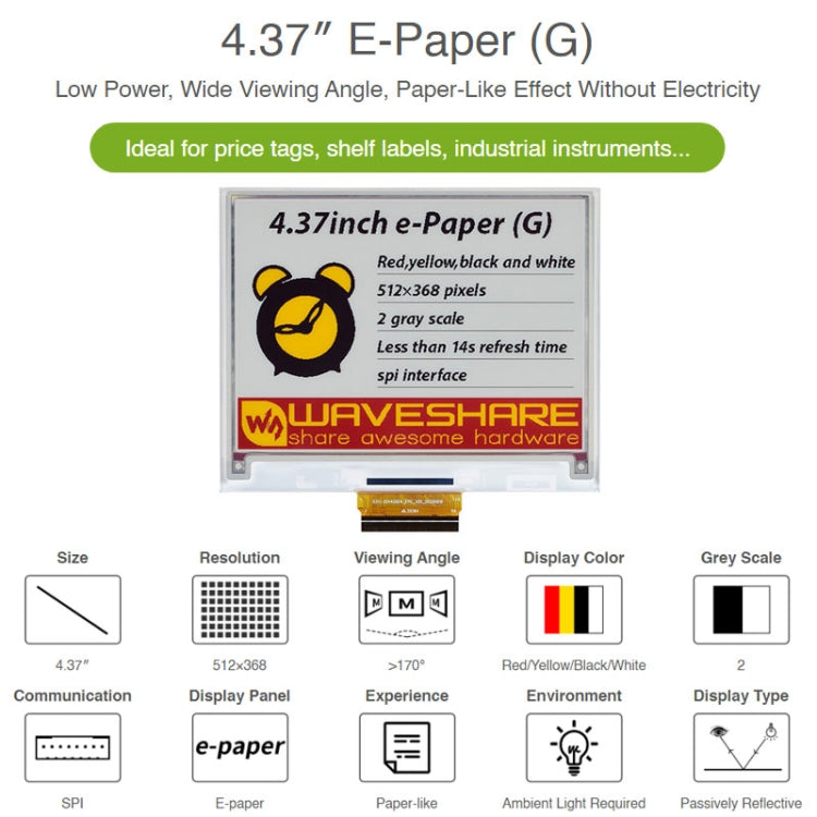 Waveshare 4.37 inch 512 x 368 Pixel Red Yellow Black White E-Paper (G) Raw Display Panel - Consumer Electronics by WAVESHARE | Online Shopping UK | buy2fix