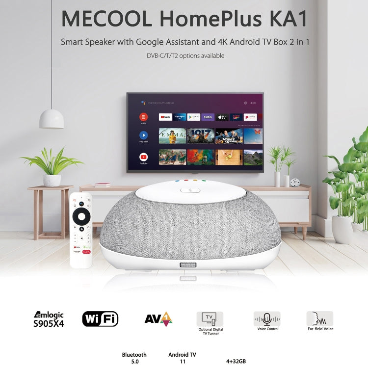 MECOOL KA1 Smart TV Speaker Android 11 TV Box with Remote Control, Amlogic S905X4 Quad Core Cortex-A55, 4GB+32GB, Dual-Band / Bluetooth / Ethernet / OTT(EU Plug) - Consumer Electronics by MECOOL | Online Shopping UK | buy2fix