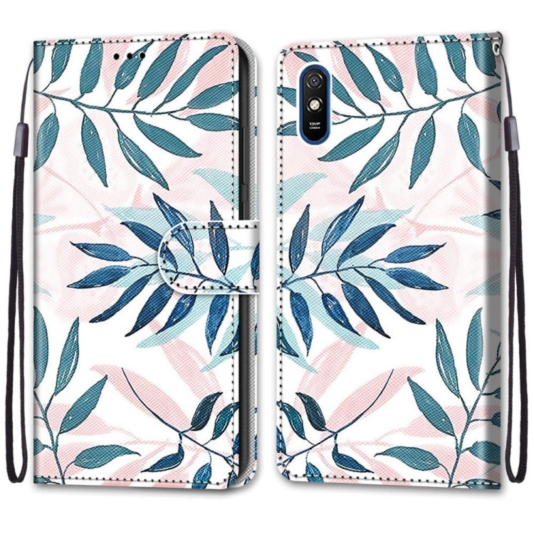 For Xiaomi Redmi 9A Coloured Drawing Cross Texture Horizontal Flip PU Leather Case with Holder & Card Slots & Wallet & Lanyard(Pink Green Leaf) - Xiaomi Cases by buy2fix | Online Shopping UK | buy2fix