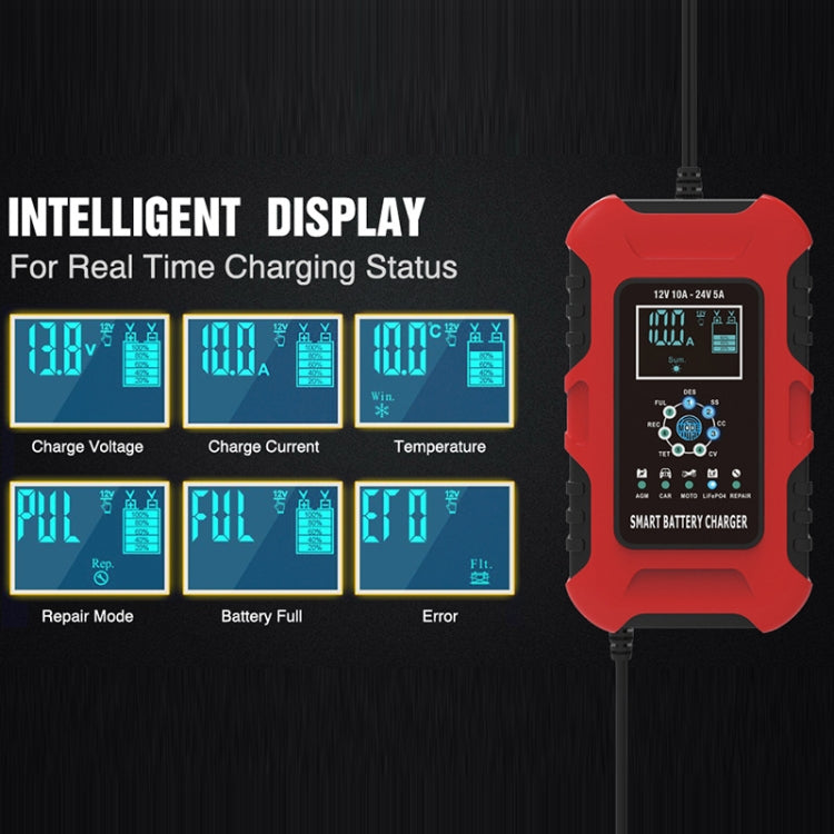 FOXSUR 10A 12V 7-segment Motorcycle / Car Smart Battery Charger, Plug Type:UK Plug(Red) - Battery Charger by FOXSUR | Online Shopping UK | buy2fix