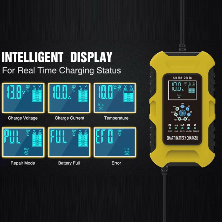 FOXSUR 10A 12V 7-segment Motorcycle / Car Smart Battery Charger, Plug Type:UK Plug(Yellow) - Battery Charger by FOXSUR | Online Shopping UK | buy2fix