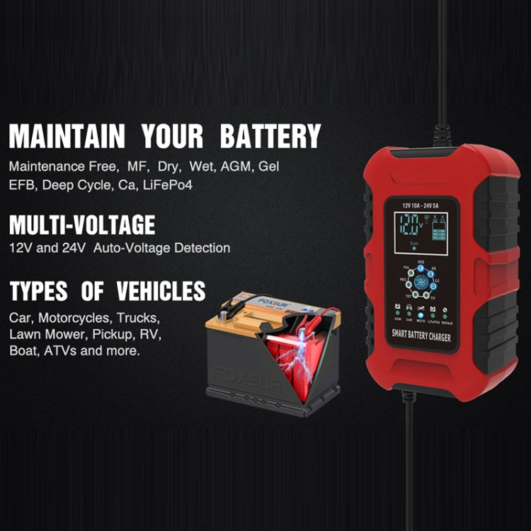 FOXSUR 10A 12V 7-segment Motorcycle / Car Smart Battery Charger, Plug Type:US Plug(Red) - Battery Charger by FOXSUR | Online Shopping UK | buy2fix