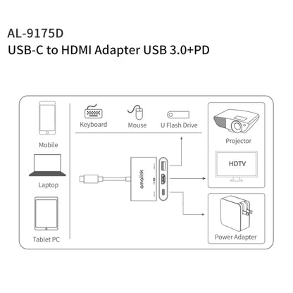 amalink 9175D Type-C / USB-C to HDMI + USB 3.0 + PD HUB Adapter(Grey) - Computer & Networking by amalink | Online Shopping UK | buy2fix