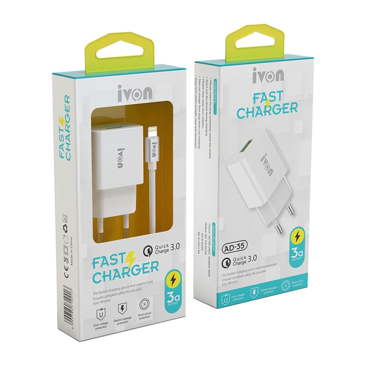 IVON AD-35 2 in 1 18W QC3.0 USB Port Travel Charger + 1m USB to Micro USB Data Cable Set, EU Plug(White) - USB Charger by IVON | Online Shopping UK | buy2fix