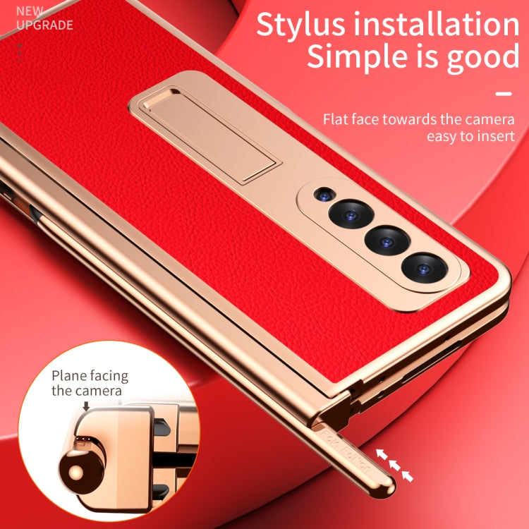 For Samsung Galaxy Z Fold3 5G Litchi Texture Leather Hinged Electroplated Phone Case with S Pen Fold Edition & Protective Film(Red) - Galaxy Phone Cases by buy2fix | Online Shopping UK | buy2fix