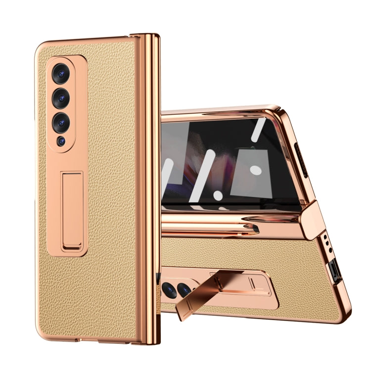 For Samsung Galaxy Z Fold3 5G Litchi Texture Leather Hinged Electroplated Phone Case with S Pen Fold Edition & Protective Film(Gold) - Galaxy Phone Cases by buy2fix | Online Shopping UK | buy2fix