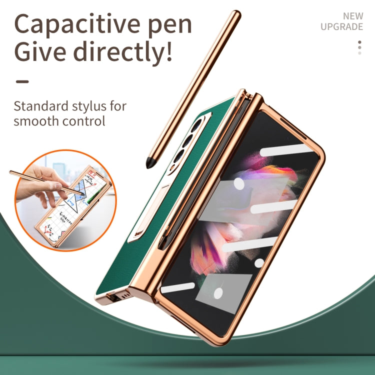 For Samsung Galaxy Z Fold3 5G Litchi Texture Leather Hinged Electroplated Phone Case with S Pen Fold Edition & Protective Film(Green) - Galaxy Phone Cases by buy2fix | Online Shopping UK | buy2fix