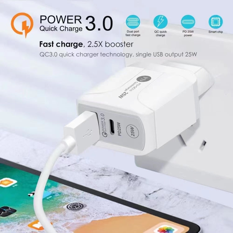 25W PD Type-C + QC3.0 USB Ports Travel Charger, Plug Type:UK Plug(White) - Mobile Accessories by buy2fix | Online Shopping UK | buy2fix