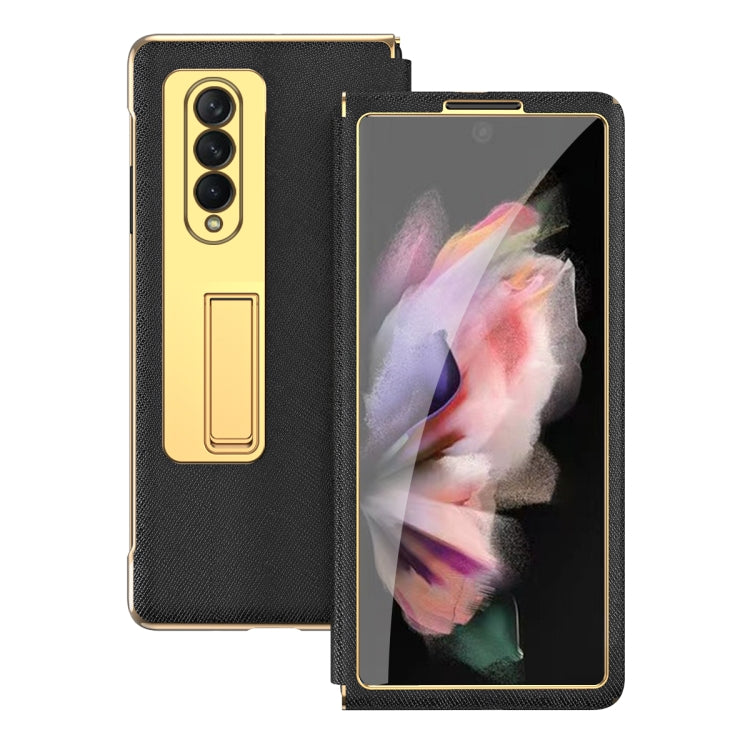 For Samsung Galaxy Z Fold3 5G Cross Texture Integrated Electroplating Hinge Flip Phone Case with Tempered Film(Black) - Galaxy Phone Cases by buy2fix | Online Shopping UK | buy2fix