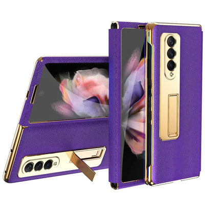 For Samsung Galaxy Z Fold3 5G Cross Texture Integrated Electroplating Hinge Flip Phone Case with Tempered Film(Purple) - Galaxy Phone Cases by buy2fix | Online Shopping UK | buy2fix