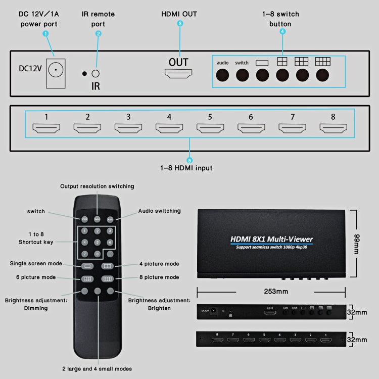 NK-818 HDMI 8x1 Multi-Viewer Supports Seamless Switch 1080P, US Plug - Switch by buy2fix | Online Shopping UK | buy2fix