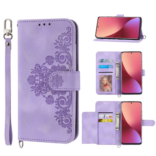 For Xiaomi 12 / 12X Skin-feel Flowers Embossed Wallet Leather Phone Case(Purple) - 12 Cases by buy2fix | Online Shopping UK | buy2fix