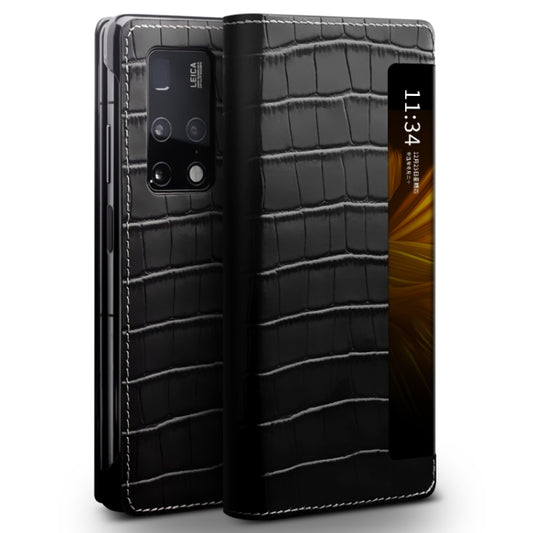For Huawei Mate X2 QIALINO Crocodile Pattern Side Window View Genuine Leather Phone Case(Black) - Huawei Cases by QIALINO | Online Shopping UK | buy2fix