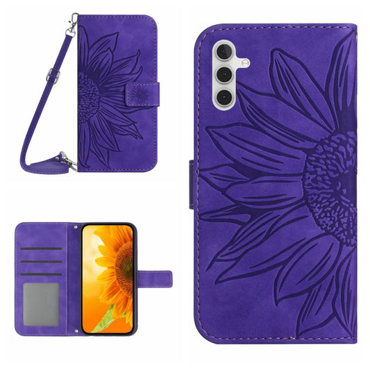 For Samsung Galaxy A14 5G Skin Feel Sun Flower Pattern Flip Leather Phone Case with Lanyard(Dark Purple) - Galaxy Phone Cases by buy2fix | Online Shopping UK | buy2fix