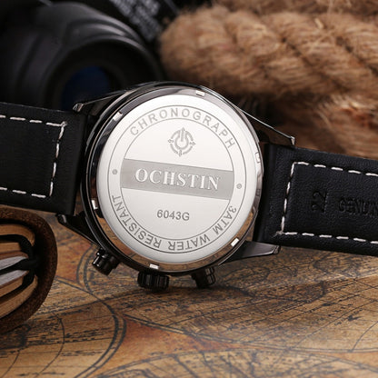 Ochstin 5043C Multifunctional Business Waterproof Leather Strap Quartz Watch(Black+Black+Red) - Leather Strap Watches by OCHSTIN | Online Shopping UK | buy2fix