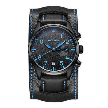 Ochstin 7228 Multifunctional Business Leather Wrist Wrist Waterproof Quartz Watch(Black+Blue) - Leather Strap Watches by OCHSTIN | Online Shopping UK | buy2fix