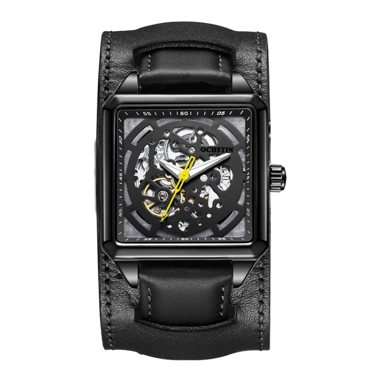 Ochstin 7237 Business Leather Wrist Wrist Waterproof Luminous Skeleton Mechanical Watch(Black+Black) - Leather Strap Watches by OCHSTIN | Online Shopping UK | buy2fix